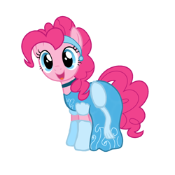 Size: 1378x1378 | Tagged: safe, artist:sunmint234, pinkie pie, earth pony, pony, g4, blue, blue eyes, cinderella, clothes, disney, disney princess, disney style, dress, hair, happy, looking at you, outfit, pink, princess, simple background, smiling, smiling at you, solo, spoilers for another series, tail, white background