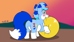 Size: 3840x2160 | Tagged: safe, artist:rupert, derpibooru exclusive, oc, oc:rupert the blue fox, fox, fox pony, hybrid, original species, pony, balloon, balloon fetish, blowing up balloons, blushing, butt, chubby, countershading, fat, fetish, high res, male, plot, solo, squishy, stallion, that pony sure does love balloons, the ass was fat, yellow balloon