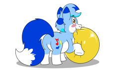 Size: 3840x2160 | Tagged: safe, artist:rupert, derpibooru exclusive, oc, oc only, oc:rupert the blue fox, fox, fox pony, hybrid, original species, pony, 2022 community collab, derpibooru community collaboration, 4k, balloon, balloon fetish, blowing up balloons, blushing, butt, chubby, coat markings, countershading, eyebrows, eyebrows visible through hair, fat, fetish, high res, hooves, male, plot, shadow, simple background, socks (coat markings), solo, squishy, stallion, tail, that pony sure does love balloons, the ass was fat, transparent background, yellow balloon
