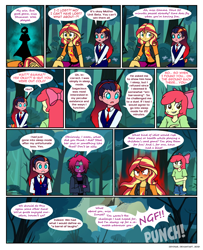 Size: 842x1038 | Tagged: safe, artist:crydius, apple bloom, sunset shimmer, oc, oc:eldritch, oc:gamma, oc:sagacious, comic:calamitous card game, equestria girls, g4, comic, defeat, misunderstanding, punch, red eyes, red eyes take warning, sunset shimmer is not amused, sweat, sweating profusely, this ended in pain, unamused