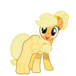 Size: 1378x1378 | Tagged: safe, artist:sunmint234, applejack, earth pony, pony, g4, beauty and the beast, belle, clothes, disney, disney princess, female, green eyes, hair, looking at you, princess, shoes, simple background, solo, spoilers for another series, style, tail, white background, yellow