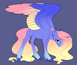Size: 2600x2200 | Tagged: safe, artist:loryska, oc, oc only, alicorn, pony, alicorn oc, blue background, blue coat, blue eyes, cloven hooves, coat markings, colored hooves, colored wings, curved horn, facial markings, female, glasses, gradient wings, hair physics, head down, high res, horn, long mane, looking at you, looking up, looking up at you, magical lesbian spawn, mane physics, mare, offspring, parent:fluttershy, parent:twilight sparkle, parents:twishy, partially open wings, pink mane, purple coat, simple background, solo, standing, star (coat marking), wings, yellow mane