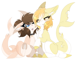 Size: 5000x3930 | Tagged: safe, artist:red_moonwolf, oc, oc:orange cream, oc:retro hearts, original species, shark, shark pony, 2022 community collab, derpibooru community collaboration, duo, looking at each other, looking at someone, shark pony oc, simple background, transparent background