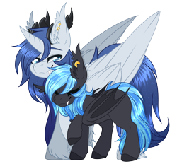 Size: 3360x3124 | Tagged: safe, artist:red_moonwolf, oc, oc:moonshine, oc:prince nova, alicorn, bat pony, pony, 2022 community collab, derpibooru community collaboration, alicorn oc, clothes, cuddling, duo, high res, horn, horns, looking back, piercing, scarf, simple background, size difference, transparent background, wings