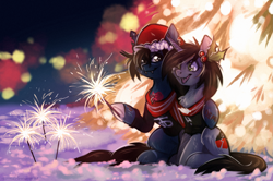 Size: 1925x1280 | Tagged: safe, artist:lonerdemiurge_nail, earth pony, pony, undead, unicorn, zombie, zombie pony, bone, bring me the horizon, chest fluff, christmas, clothes, commission, disguise, disguised siren, duo, duo male, fangs, fireworks, gay, happy, hat, holiday, holly, hoof hold, horn, jewelry, kellin quinn, male, necklace, oliver sykes, open mouth, ponified, santa hat, scar, scarf, shipping, shirt, sitting, sleeping with sirens, snow, sparkler (firework), stallion, t-shirt, tattoo, torn ear, ych result
