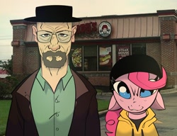 Size: 2600x2000 | Tagged: safe, artist:swagstapiece, pinkie pie, human, pony, g4, beanie, breaking bad, clothes, crossover, duo, female, glasses, hat, high res, hoodie, looking at you, male, mare, walter white, wendy's