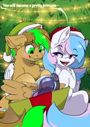 Size: 2481x3507 | Tagged: safe, artist:arctic-fox, oc, oc only, oc:baysick, oc:starburn, earth pony, pegasus, pony, christmas, christmas tree, duo, earth pony oc, fake horn, fake wings, gift giving, hat, high res, holiday, pegasus oc, present, santa hat, tree