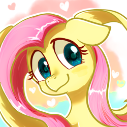 Size: 1000x1000 | Tagged: safe, artist:brella, fluttershy, pegasus, pony, aside glance, avatar, blushing, bust, cute, daaaaaaaaaaaw, female, floppy ears, heart, looking at you, mare, portrait, shyabetes, smiling, smiling at you, solo, spread wings, three quarter view, wings
