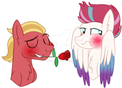 Size: 1280x922 | Tagged: safe, artist:princess-kitsune-tsu, sprout cloverleaf, zipp storm, earth pony, pegasus, pony, g5, my little pony: a new generation, blushing, cute, deviantart watermark, eyes closed, female, flower, looking away, male, mare, obtrusive watermark, ship:cloverstorm, shipping, shy, simple background, stallion, straight, transparent background, watermark