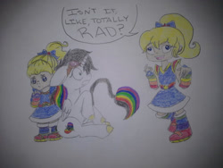 Size: 1024x768 | Tagged: safe, artist:tessalovesozzy, oc, oc:lightning bliss, human, bow, generational humandox, goggles, hair bow, lightning bliss is not amused, rainbow brite, rainbow brite (reboot), rainbow brite is not amused, speech, speech bubble, talking, this will end in tears, traditional art, unamused