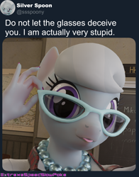 Size: 2000x2550 | Tagged: safe, artist:extremespeed slowpoke, silver spoon, earth pony, anthro, g4, 3d, :p, blender, glasses, high res, jewelry, meta, necklace, pearl necklace, tongue out, twitter