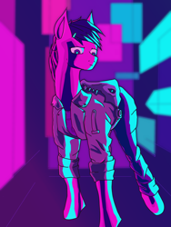 Size: 2448x3264 | Tagged: safe, artist:dvfrost, oc, pony, clothes, female, filly, foal, high res, military uniform, neon, pony oc, ponytail, ponytails, simple background, skull, solo, uniform, watching