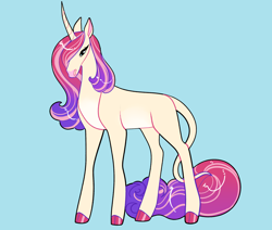 Size: 2600x2200 | Tagged: safe, artist:loryska, oc, oc only, pony, unicorn, blue background, curved horn, female, high res, horn, leonine tail, magical lesbian spawn, mare, offspring, parent:fluttershy, parent:rarity, parents:flarity, simple background, solo, tail, unicorn oc