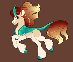 Size: 2600x2200 | Tagged: safe, artist:loryska, oc, hybrid, brown background, high res, interspecies offspring, magical lesbian spawn, male, offspring, parent:applejack, parent:autumn blaze, parents:autumnjack, simple background, solo