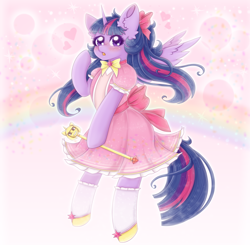 Size: 2040x2000 | Tagged: safe, artist:saltyvity, seven seas, twilight sparkle, alicorn, pony, semi-anthro, g4, alternate hairstyle, anime style, arm hooves, clothes, cute, heart, high res, magic, magical girl, pink dress, rainbow, scepter, socks, solo, sparkles, transformation, twilight scepter, twilight sparkle (alicorn)