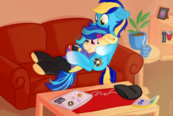 Size: 1024x683 | Tagged: safe, artist:exobass, oc, oc only, oc:general mumble, oc:koa, pegasus, pony, book, clothes, coat markings, colored pupils, computer, cozy, cuddling, duo, ear piercing, eyelashes, female, floppy ears, folded wings, indoors, laptop computer, male, mare, nintendo switch, pegasus oc, piercing, secret santa, signature, smiling, socks (coat markings), stallion, straight, wings