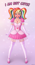 Size: 2200x4000 | Tagged: safe, artist:irisarco, rainbow dash, human, adorasexy, angry, blushing, blushing profusely, bow, breasts, cleavage, clothes, cute, dashabetes, denial's not just a river in egypt, dress, embarrassed, evening gloves, female, frilly dress, frown, gloves, heart, high res, humanized, i'm not cute, jewelry, legs, lidded eyes, long gloves, looking at you, necklace, open mouth, pigtails, rainbow dash always dresses in style, sexy, shoes, simple background, solo, standing, stockings, stupid sexy rainbow dash, text, thigh highs, tomboy taming, tsunderainbow, tsundere, twintails, watermark, zettai ryouiki