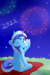 Size: 1024x1536 | Tagged: safe, artist:exobass, minuette, pony, unicorn, g4, 2022, background pony, chest fluff, dock, eyelashes, female, fireworks, floppy ears, grass, grin, happy new year, holiday, horn, mare, night, outdoors, pointing, sitting, sky, smiling, solo, stars, tail