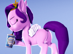 Size: 2880x2160 | Tagged: safe, artist:psfmer, pipp petals, pegasus, pony, g5, my little pony: a new generation, 3d, butt, crown, dock, drink, eyes closed, high res, jewelry, pipp butt, plot, regalia, sipping, slurpee, solo, source filmmaker, tail