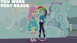 Size: 1280x720 | Tagged: safe, edit, edited screencap, editor:quoterific, screencap, fluttershy, rainbow dash, equestria girls, equestria girls specials, g4, my little pony equestria girls: better together, my little pony equestria girls: rollercoaster of friendship, clothes, converse, cutie mark on clothes, duo, duo female, female, geode of fauna, geode of super speed, hoodie, jewelry, magical geodes, necklace, open mouth, open smile, sandals, shoes, smiling, sneakers