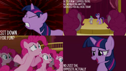 Size: 1280x720 | Tagged: safe, edit, edited screencap, editor:quoterific, screencap, pinkie pie, spike, twilight sparkle, dragon, earth pony, pony, unicorn, g4, season 3, too many pinkie pies, clone, eyes closed, female, male, mare, open mouth, open smile, pinkie clone, ponyville town hall, smiling, unicorn twilight, yelling
