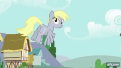 Size: 640x360 | Tagged: safe, screencap, derpy hooves, pegasus, pony, g4, no second prances, season 6, ^^, animated, crash, cute, derpabetes, eyes closed, falling, female, floppy ears, flying, gif, gifs.com, mare, slapstick, smiling, solo, spread wings, this will end in friendship, wings