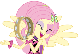 Size: 4260x3000 | Tagged: safe, artist:cloudy glow, fluttershy, equestria girls, g4, shake your tail, bare shoulders, musical instrument, simple background, sleeveless, solo, strapless, tambourine, transparent background, vector
