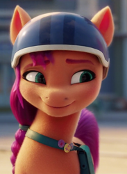 Size: 590x804 | Tagged: safe, screencap, sunny starscout, earth pony, pony, g5, my little pony: a new generation, cropped, female, helmet, mare, smiling, solo