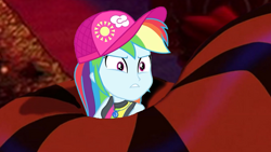 Size: 1920x1080 | Tagged: safe, artist:ocean lover, edit, edited screencap, screencap, rainbow dash, snake, equestria girls, equestria girls series, forgotten friendship, g4, aladdin, cap, clothes, coils, disney, geode of super speed, hat, jafar, magical geodes, rainbow dash is not amused, squeeze, swimsuit, treasure, unamused, wrapped up