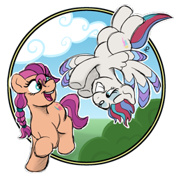 Size: 1437x1437 | Tagged: safe, artist:doodledonutart, sunny starscout, zipp storm, earth pony, pegasus, pony, g5, my little pony: a new generation, spoiler:my little pony: a new generation, colored wings, duo, duo female, female, happy, multicolored wings, upside down, wings