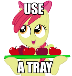 Size: 704x740 | Tagged: safe, artist:furseiseki, apple bloom, earth pony, pony, g4, caption, female, filly, foal, image macro, simple background, solo, text, tray, white background