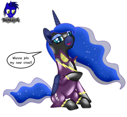 Size: 4154x3840 | Tagged: safe, artist:damlanil, princess luna, alicorn, pony, g4, bodysuit, catsuit, clothes, comic, costume, crown, cute, ear piercing, ethereal mane, eyeshadow, female, galaxy mane, goggles, horn, jewelry, latex, latex suit, looking at you, makeup, mare, piercing, regalia, rubber, shadowbolts, shadowbolts costume, shiny, shiny mane, show accurate, simple background, sitting, smiling, smiling at you, solo, speech bubble, suit, text, transparent background, vector, wings