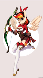 Size: 1500x2672 | Tagged: safe, artist:mrscroup, oc, oc only, oc:anja snow, pegasus, anthro, plantigrade anthro, amber (genshin impact), boots, bow (weapon), clothes, cosplay, costume, floating wings, genshin impact, gloves, looking at you, pegasus oc, shoes, smiling, solo, thigh boots, wings