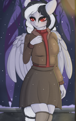 Size: 1140x1800 | Tagged: safe, artist:munrei, oc, oc only, oc:oni, pegasus, anthro, anthro oc, clothes, commission, eyebrows, eyebrows visible through hair, female, jacket, night, park, pegasus oc, red eyes, skirt, snow, solo, stockings, sweater, thigh highs, tree, wings