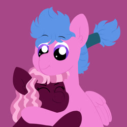 Size: 1457x1456 | Tagged: safe, artist:queenderpyturtle, oc, oc:cherry blossom, oc:damselfly, pegasus, pony, female, hug, magical lesbian spawn, mare, offspring, parent:night glider, parent:pinkie pie, parent:rainbow dash, parent:tree hugger, parents:nightdash, parents:pinkiehugger, simple background