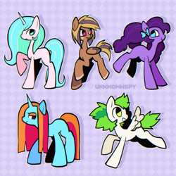 Size: 1280x1280 | Tagged: safe, artist:unknownspy, oc, oc only, earth pony, pegasus, pony, unicorn, abstract background, earth pony oc, folded wings, frown, full body, horn, open mouth, pegasus oc, purple background, raised hoof, smiling, spread wings, standing, tail, two toned mane, two toned tail, unicorn oc, watermark, wings