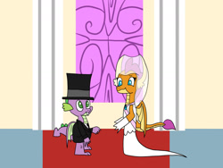 Size: 1280x960 | Tagged: safe, artist:platinumdrop, smolder, spike, dragon, g4, clothes, dress, female, hat, male, marriage, request, ship:spolder, shipping, straight, top hat, tuxedo, wedding, wedding dress