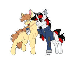 Size: 1280x1000 | Tagged: safe, artist:valkiria, oc, oc only, oc:blackjack, oc:cream heart, earth pony, pony, unicorn, 2022 community collab, derpibooru community collaboration, fallout equestria, fallout equestria: project horizons, chest fluff, curved horn, duo, duo female, ear fluff, earth pony oc, fanfic art, female, hooves, horn, looking at each other, looking at someone, mare, raised hoof, raised leg, red eyes, simple background, smiling, standing, transparent background, two toned mane, unicorn oc