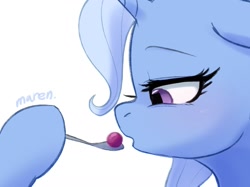 Size: 1739x1304 | Tagged: safe, artist:maren, trixie, pony, unicorn, g4, berry, doodle, food, herbivore, simple background, solo, spoon, white background