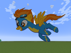 Size: 1280x961 | Tagged: safe, artist:clevercloud2022pl, spitfire, pegasus, pony, g4, clothes, cute, female, goggles, grin, mare, minecraft, minecraft pixel art, pixel art, smiling, solo, spread wings, tail, two toned mane, two toned tail, uniform, wings, wonderbolts uniform