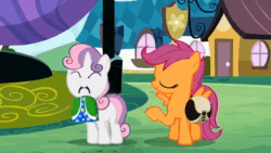 Size: 640x360 | Tagged: safe, screencap, scootaloo, sweetie belle, pegasus, pony, unicorn, g4, season 2, the cutie pox, ^^, animated, cute, diasweetes, duo, duo female, eyes closed, female, filly, foal, grin, horn, looking at someone, mouth hold, outdoors, raised eyebrow, raised hoof, shadow, smiling, sound, spread wings, standing, tail, talking, two toned mane, two toned tail, webm, wings, yay, youtube link