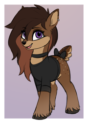 Size: 1150x1600 | Tagged: safe, artist:luminousdazzle, oc, oc only, oc:elmwood, deer, bow, clothes, cloven hooves, colored, colored ears, ear piercing, eyeshadow, female, flat colors, gradient background, gradient hooves, long hair, looking at you, makeup, pale belly, passepartout, piercing, purple eyes, shirt, smiling, smiling at you, tail, tail bow, unshorn fetlocks