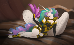 Size: 1200x738 | Tagged: safe, artist:sunny way, princess celestia, alicorn, anthro, beautiful, beautisexy, bed, breasts, busty princess celestia, cleavage, clothes, digital art, evening gloves, fan, fancy, feather, feathered fan, female, gloves, horn, hot, leotard, long gloves, mare, patreon reward, sexy, solo, thick, wings