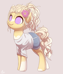 Size: 1700x2000 | Tagged: source needed, safe, artist:luminousdazzle, oc, oc only, oc:vanilla heart, earth pony, pony, clothes, coat markings, colored eartips, ear markings, ear piercing, earth pony oc, eyelashes, facial markings, female, flower, flower in hair, full body, gray background, heart mark, looking up, mare, markings, no iris, no pupils, pastel, piercing, ponytail, purple eyes, shirt, shorts, signature, simple background, smiling, socks (coat markings), solo, standing, star (coat marking)
