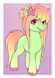 Size: 1350x1900 | Tagged: safe, artist:luminousdazzle, oc, oc only, unnamed oc, earth pony, pony, g5, my little pony: a new generation, colored, design, earth pony oc, female, flat colors, flower, flower in hair, freckles, gradient hooves, gradient mane, green coat, long hair, looking at you, looking up, mare, open mouth, open smile, passepartout, smiling, smiling at you, solo, unshorn fetlocks