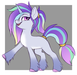 Size: 1900x1850 | Tagged: safe, artist:luminousdazzle, oc, oc only, oc:vega, unnamed oc, pony, unicorn, g5, my little pony: a new generation, design, female, gradient hooves, hair accessory, hoof fluff, hooves, horn, lidded eyes, looking at you, looking up, mare, multicolored hair, multicolored mane, multicolored tail, open mouth, open smile, ponytail, raised hoof, smiling, solo, standing, starry eyes, tail, tail wrap, unicorn oc, unshorn fetlocks, wingding eyes