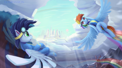 Size: 3779x2116 | Tagged: safe, artist:foxpit, rainbow dash, soarin', pegasus, pony, g4, clothes, cloudsdale, duo, female, high res, male, mare, rainbow trail, ship:soarindash, shipping, stallion, straight, windmill, wings