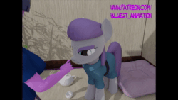 Size: 1920x1080 | Tagged: safe, artist:bluest, maud pie, twilight sparkle, earth pony, pony, equestria girls, g4, 3d, animated, blinking, boop, female, forehead kiss, kissing, looking at each other, looking at someone, mare, no sound, smiling, standing, teapot, webm, when she smiles