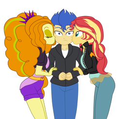 Size: 2900x2845 | Tagged: safe, artist:3d4d, adagio dazzle, flash sentry, sunset shimmer, equestria girls, g4, cheek kiss, clothes, eyes closed, female, flash sentry gets all the waifus, flashagio, high res, jacket, kiss sandwich, kissing, love triangle, lucky bastard, male, pants, ship:flashimmer, shipping, shorts, simple background, straight, transparent background
