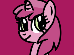 Size: 1024x768 | Tagged: safe, artist:danielthebrony57, ruby pinch, pony, unicorn, g4, bust, cute, eye clipping through hair, female, filly, foal, horn, looking at you, magenta background, pinchybetes, portrait, simple background, smiling, smiling at you, solo